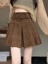 1pc Women Corduroy High Waist Pleated Mini Skirt, With Belt, Autumn/Winter